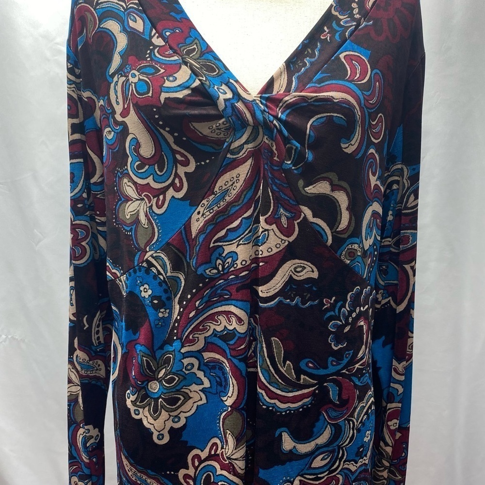 Chico's Travelers Multicolor Paisley Blouse W 3 baby doll front with knot detail